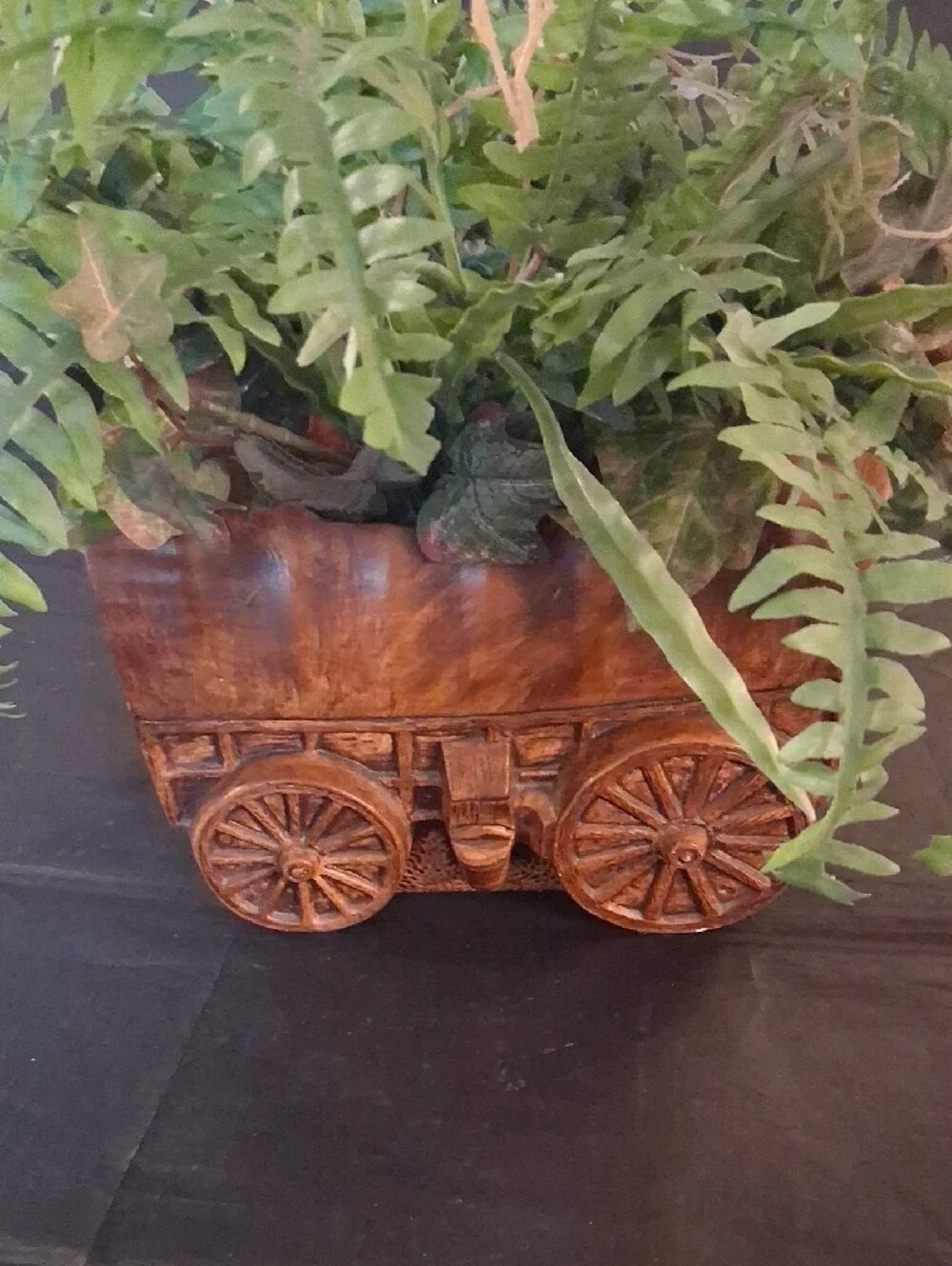 Faux Green Fern & Greenery in Ceramic Rustic Wagon Planter